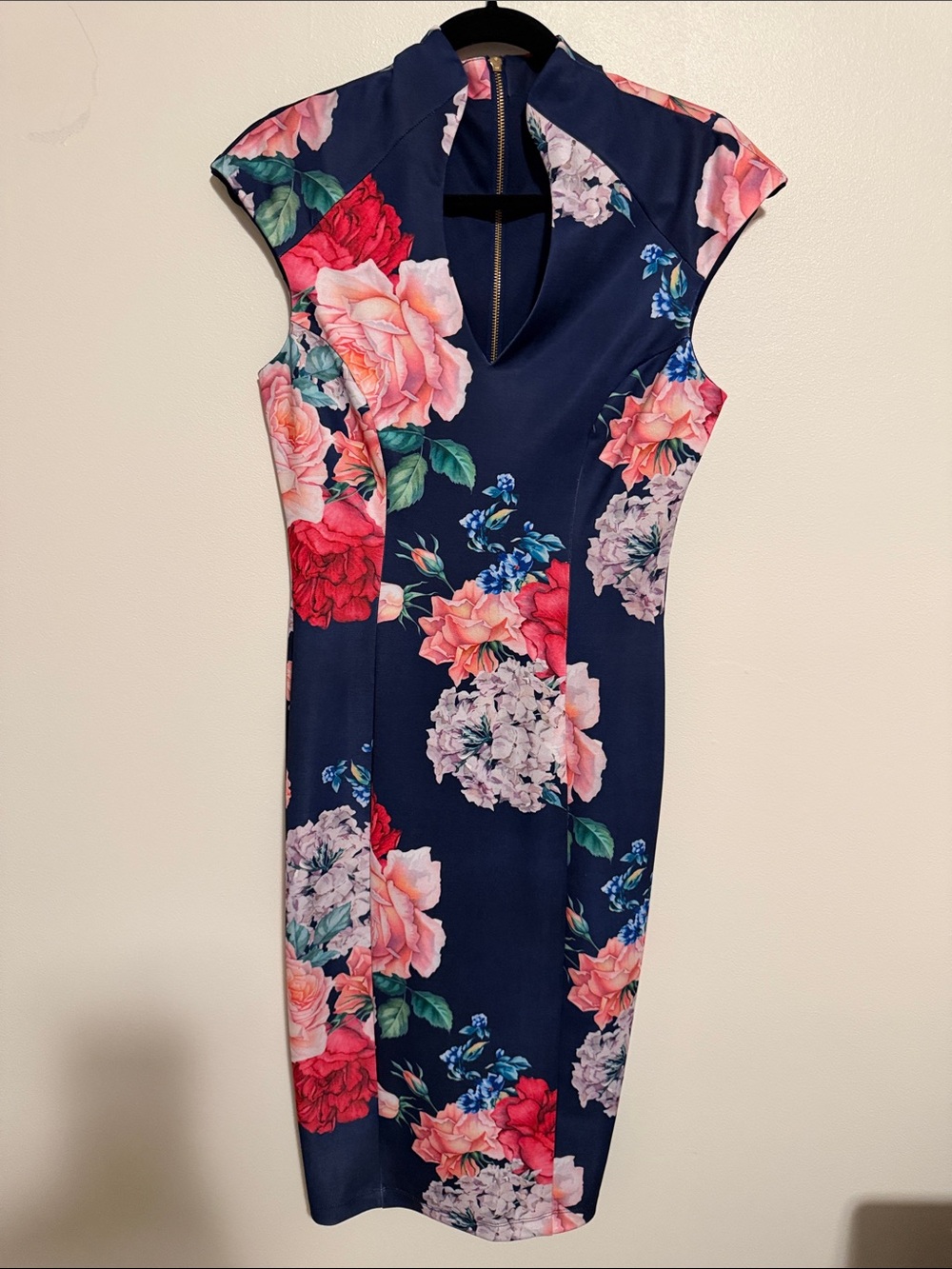 Alexia Admor Navy Floral Midi Dress with Pink and Red Blooms